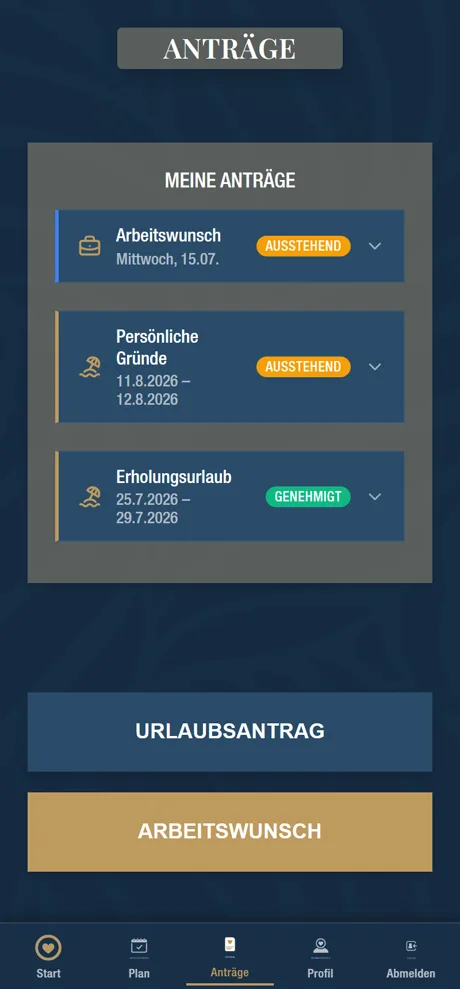 Antragsübersicht im Portal mit drei Einträgen: Arbeitswunsch und persönliche Gründe als ausstehend, Erholungsurlaub als genehmigt.
