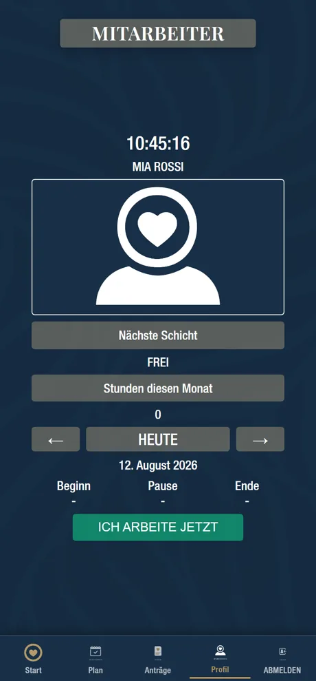 Zeiterfassung im Portal: Uhrzeit, Name, heutiger Tag mit Beginn, Pause und Ende sowie ein großer grüner Knopf „Ich arbeite jetzt“.